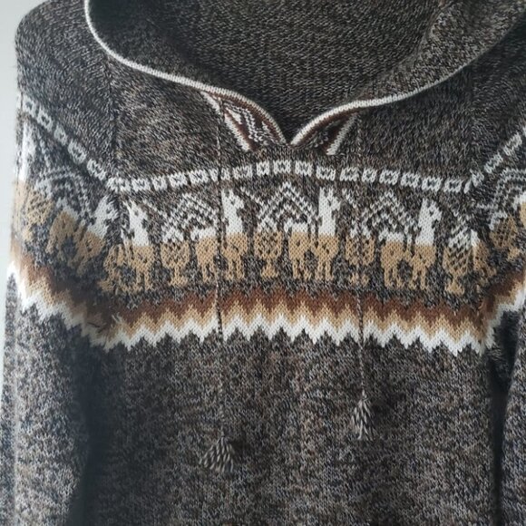 Peruvian Handmade Alpaca Hooded Sweater Ethnic Motifs Fringed Hem - Picture 7 of 9